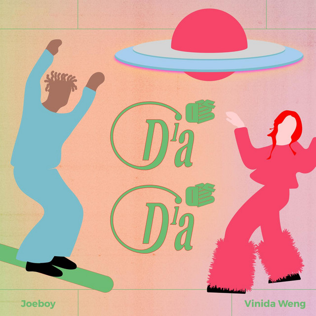 Official Joeboy × Vinida Weng “Dia Dia” cover: two dancers beneath a UFO in a colorful illustrated landscape.